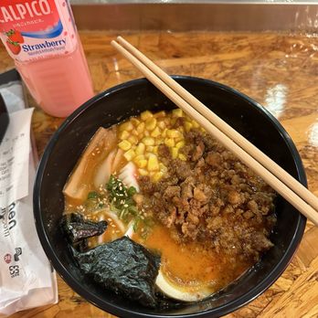 Kamado Ramen - (R4) Spicy Miso Ramen and Strawberry Calpico - Ramen Near Me - Huntsville, Alabama