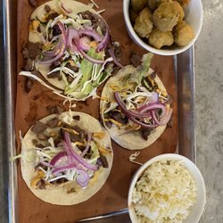 Bodacious Bar and Q - Brisket tacos, red beans and rice and fried okra