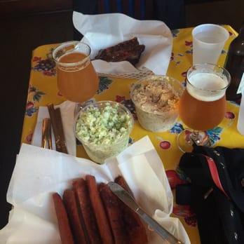 Aptos St BBQ - Hot Links, Pork Ribs, Coleslaw, Potato Salad and Omission Beer. Yum! - Barbeque Near Me - Aptos, California