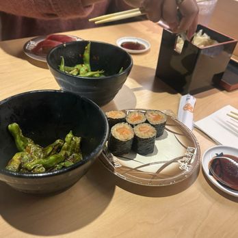 Waka Sakura - Shishito peppers and salmon roll - Conveyor Belt Sushi Near Me - Gardena, California Waka Sakura - Shishito peppers and salmon roll - Conveyor Belt Sushi Near Me - Gardena, California