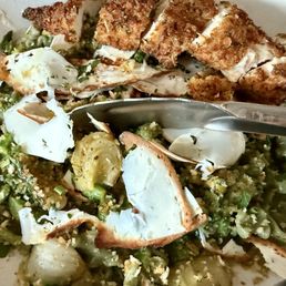 Malfadine pasta with pistachio pesto and a chicken cutlet Malfadine pasta with pistachio pesto and a chicken cutlet