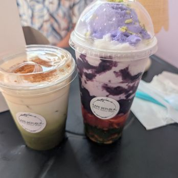 Kape Republik - Banana matcha iced drink and halo halo - Bakeries Near Me - Ontario, California
