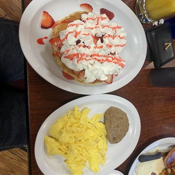 Renae's Cafe - Strawberry pancakes combo - American Near Me - Bakersfield, California Renae's Cafe - Strawberry pancakes combo - American Near Me - Bakersfield, California