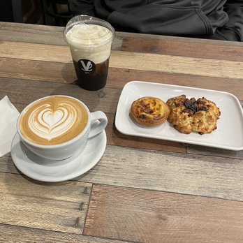 Cafe V - Cream cheese cold brew, breve bravo latte, egg tart and fig & honey scone. - Coffee & Tea Near Me - Annandale, Virginia