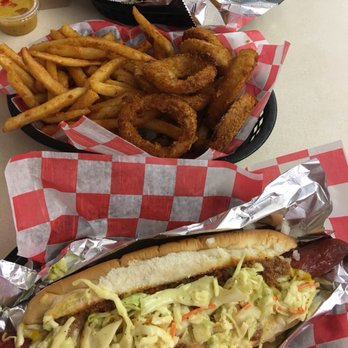 Pop's Diner - Turkey sandwich , mixed basket with fries and onions rings (shared between two adults) and Footlong hotdog all the way...it was all great!!! - American Near Me - Carolina Beach, North Carolina Pop's Diner - Turkey sandwich , mixed basket with fries and onions rings (shared between two adults) and Footlong hotdog all the way...it was all great!!! - American Near Me - Carolina Beach, North Carolina