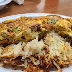 Golden Oak Pancake House - St. Peters - Southwest Omelet with hashbrowns and pancakes.