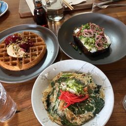 Spring pea tartine, oyakodon, plum basque cheesecake waffle Spring pea tartine, oyakodon, plum basque cheesecake waffle