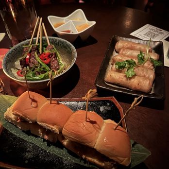 Three Dots and A Dash - Prime Skirt Steak Skewers, Kalua Pulled Pork Sliders, Spring Rolls - Asian Fusion Near Me - Chicago, Illinois Three Dots and A Dash - Prime Skirt Steak Skewers, Kalua Pulled Pork Sliders, Spring Rolls - Asian Fusion Near Me - Chicago, Illinois