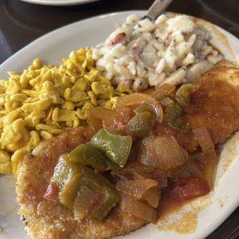 The Heidelberg - Zigeunerschnitzel with potato salad and spatzel - German Near Me - Helen, Georgia The Heidelberg - Zigeunerschnitzel with potato salad and spatzel - German Near Me - Helen, Georgia