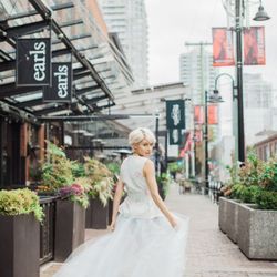 O M Design Studio - Heather Pantsuit with tulle skirt over. Available in the studio and for customization.