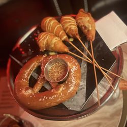 RD Speakeasy - Shrimp corn dogs and soft pretzel