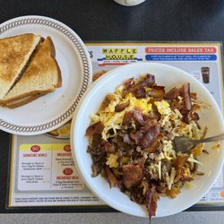 Waffle House - Bacon Egg and Cheese Sausage Hash Brown Bowl with Toast