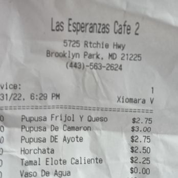 Las Esperanzas Café 2 - Paying for delayed food and undercooked chicken. With $1.02 discount. - Latin American Near Me - Brooklyn Park, Maryland Las Esperanzas Café 2 - Paying for delayed food and undercooked chicken. With $1.02 discount. - Latin American Near Me - Brooklyn Park, Maryland