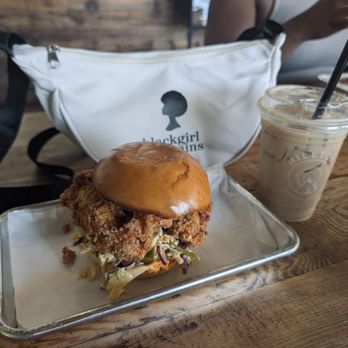 Hilltop Coffee + Kitchen - The Crispy Chicken Sandwich and Iced Pistachio Latte. - Coffee & Tea Near Me - Los Angeles, California