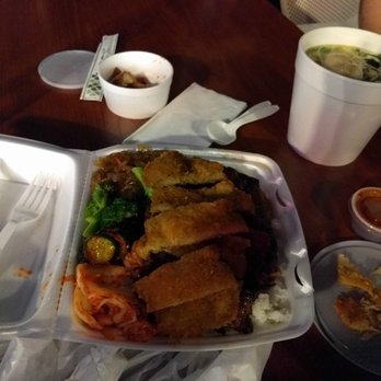 Me's BBQ - Kalbi ribs and chicken katsu with kimchi, spicy cucumbers, broccoli and japchae. Mandu soup in container with side of potatoes. - Korean Near Me - Honolulu, Hawaii Me's BBQ - Kalbi ribs and chicken katsu with kimchi, spicy cucumbers, broccoli and japchae. Mandu soup in container with side of potatoes. - Korean Near Me - Honolulu, Hawaii