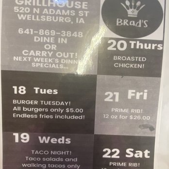 Brads Grillhouse - Menu - Steakhouses Near Me - Wellsburg, Iowa Brads Grillhouse - Menu - Steakhouses Near Me - Wellsburg, Iowa