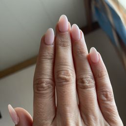 Acrylic fill with pink gel polish. Almond shape with slight taper. Acrylic fill with pink gel polish. Almond shape with slight taper.