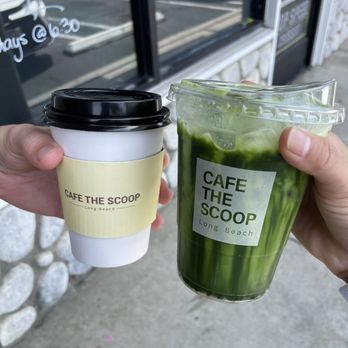 Cafe The Scoop - Banana Matcha with Oatmilk, Hot Spanish latte - Cafes Near Me - Long Beach, California