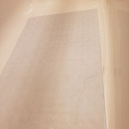 See the long black hair on the bath mat. See the long black hair on the bath mat.