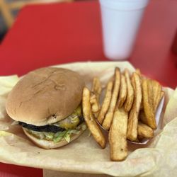 Del's Charcoal Burgers - #10. Cheese, Lettuce, Tomato, Pickle, Onion & Mustard Cheeseburger with French Fries and 16 oz. Soft Drink