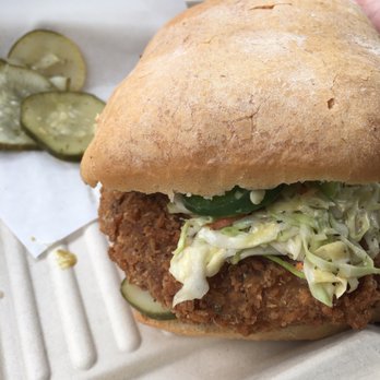 The Butchers Son - Honey mustard chicken with slaw, pickles, jalapeños, on a ciabatta bun. - Salad Near Me - Berkeley, California The Butchers Son - Honey mustard chicken with slaw, pickles, jalapeños, on a ciabatta bun. - Salad Near Me - Berkeley, California