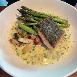 Seared King Salmon with asparagus, grilled spring vegetables, herbed lemon butter Seared King Salmon with asparagus, grilled spring vegetables, herbed lemon butter
