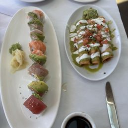 Rainbow roll and lobster taquitos