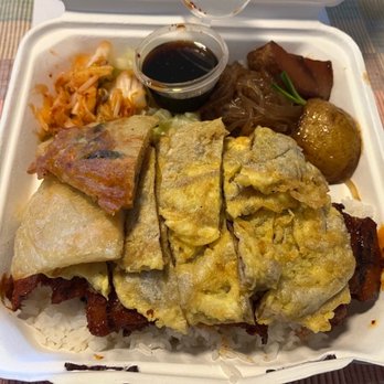 Song's Korean BBQ - Meat Jun and Hot chicken with kimchee, cabbage, potato, and long rice. They also included a few slices of scallion pancake. - Korean Near Me - Waipahu, Hawaii