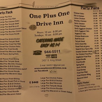 One Plus One Drive Inn - Menu as of October 2021 - Chinese Near Me - Honolulu, Hawaii One Plus One Drive Inn - Menu as of October 2021 - Chinese Near Me - Honolulu, Hawaii