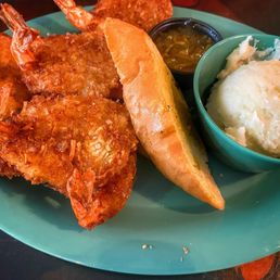 Coconut Shrimp Dinner  with orange citrus marmalade (sides: garlic bread & garlic mashed potatoes)