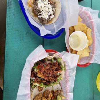 White Duck Taco Shop - BBQ Carnitas taco, Chicken BLT taco, Bangkok Shrimp taco and chips and queso - Tacos Near Me - Arden, North Carolina White Duck Taco Shop - BBQ Carnitas taco, Chicken BLT taco, Bangkok Shrimp taco and chips and queso - Tacos Near Me - Arden, North Carolina