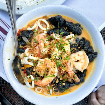Barbuzzo - Conchigle Nero - squid ink pasta, shrimp, calamari, fennel soffritto, parsley, breadcrumbs - Mediterranean Near Me - Philadelphia, Pennsylvania Barbuzzo - Conchigle Nero - squid ink pasta, shrimp, calamari, fennel soffritto, parsley, breadcrumbs - Mediterranean Near Me - Philadelphia, Pennsylvania