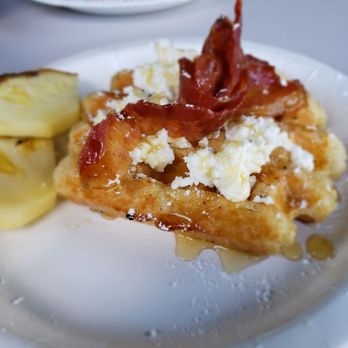 Iron Waffle - bacon and cheese on a plate - Coffee & Tea Near Me - Lakeshore, Minnesota