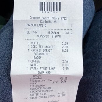 Cracker Barrel Old Country Store - Receipt - American Near Me - Corinth, Mississippi