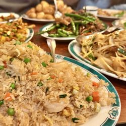 Lucky Dragon - Front: Shrimp fried rice, beef chow fun, middle: kung pow chicken, beef and green beans, back: lemon chicken