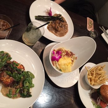 Kitchen 86 - (top): Pollo St. James (bottom left): Salmon Buon Gusto (middle): Raclette Mac n Cheese (bottom right): 86 Burger - Bars Near Me - Palm Desert, California