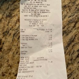 the receipt for the meal the receipt for the meal