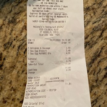 McDonald's - the receipt for the meal - Fast Food Near Me - Fort Myers, Florida McDonald's - the receipt for the meal - Fast Food Near Me - Fort Myers, Florida
