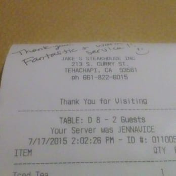 Jake's Steakhouse - Thanks for the service receipt! - Steakhouses Near Me - Tehachapi, California Jake's Steakhouse - Thanks for the service receipt! - Steakhouses Near Me - Tehachapi, California
