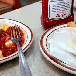 Leo's Coney Island - Cold chili cheese fries.(wheees the cheese?) Overcooked, stale ground beef coney special.