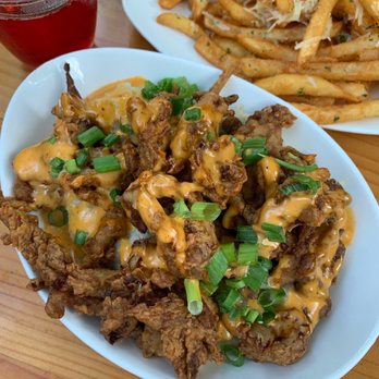 Mo' Brunch & Brews - Chik'n fried shroom n grits and truffle fries - Breakfast & Brunch Near Me - Houston, Texas Mo' Brunch & Brews - Chik'n fried shroom n grits and truffle fries - Breakfast & Brunch Near Me - Houston, Texas