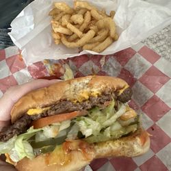 Lenox Drive-Inn - Cheeseburger with extra veggies, onion strings and a strawberry limeade!  So good!