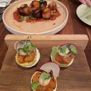 Oakleys Bistro - Bacon Wrapped Apricots and Creole "Deviled Eggs" - New American Near Me - Indianapolis, Indiana Oakleys Bistro - Bacon Wrapped Apricots and Creole "Deviled Eggs" - New American Near Me - Indianapolis, Indiana