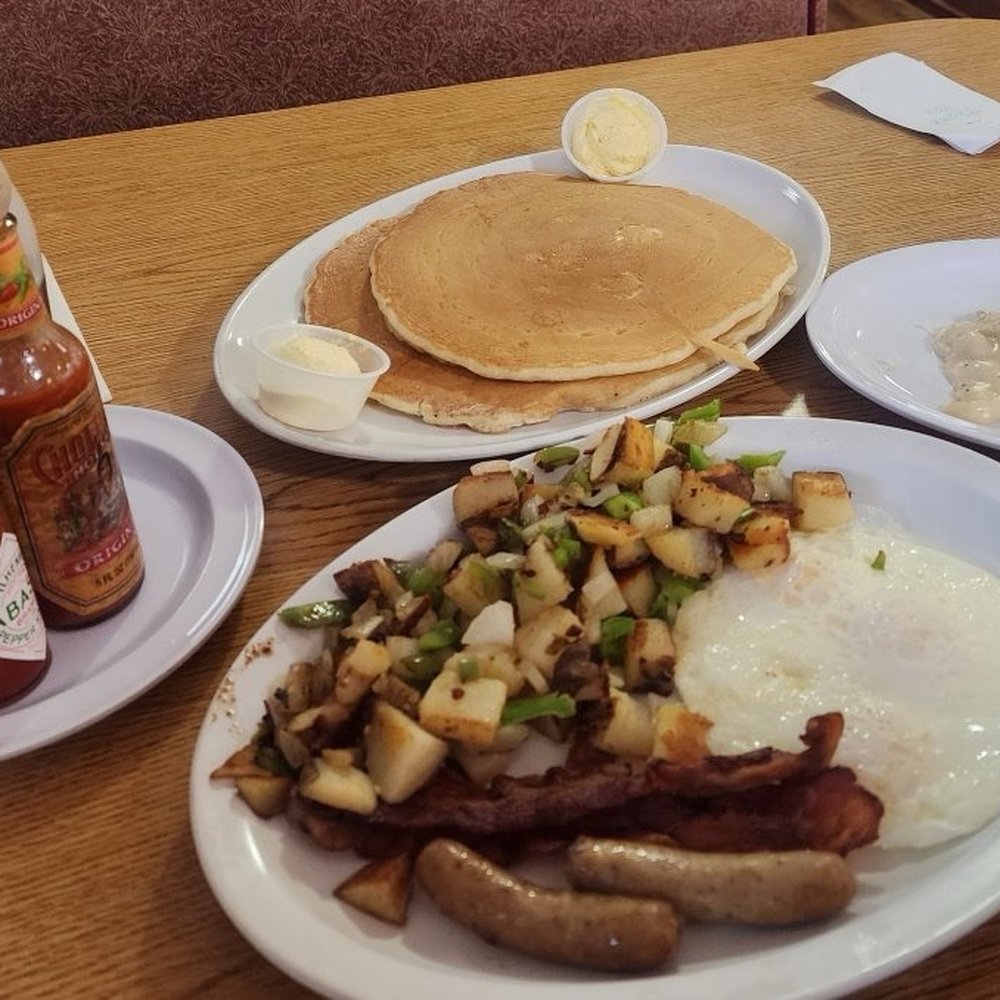 Coyote Cafe - The fat head special came with 2 sausages, 2 pieces of bacon, three eggs, potatoes, 2 big pancakes and a half order of biscuits and gravy!!! - Cafes Near Me - Bullhead City, Arizona