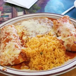 Enchiladas, rice and beans