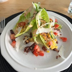 Just In Thyme Personal Chef Services - Romaine boats with candied bacon, corn, Parmesan, tomatoes, basil and roasted tomato dressing