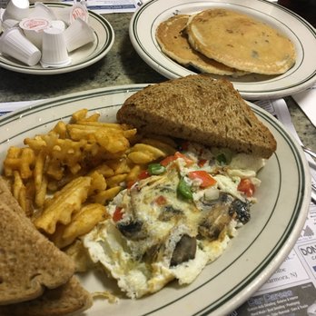 Village Kitchen - Egg-white Village Veggie Omelette with whole wheat toast and waffle fries, and blueberry pancakes - Breakfast & Brunch Near Me - Marmora, New Jersey