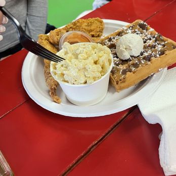 Waffles and Whatnot - Sweet & savory combo with waffle topped with cookie butter, chocolate & whipped cream. Creamy, tasty Mac & cheese & tenders - Waffles Near Me - Anchorage, Alaska Waffles and Whatnot - Sweet & savory combo with waffle topped with cookie butter, chocolate & whipped cream. Creamy, tasty Mac & cheese & tenders - Waffles Near Me - Anchorage, Alaska