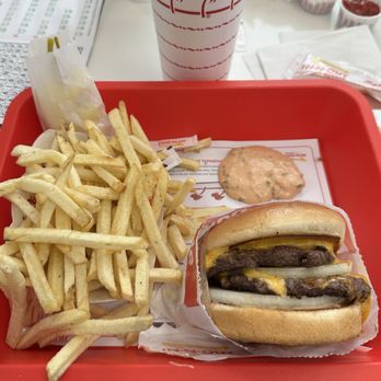 In-N-Out Burger - Drink, fries, double double minus tomato, minus lettuce, plus onion, plus mustard. - Burgers Near Me - Ridgefield, Washington
