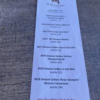 Smasne Cellars - The tasting menu changes frequently - so many options! - Wine Tasting Room Near Me - Prosser, Washington Smasne Cellars - The tasting menu changes frequently - so many options! - Wine Tasting Room Near Me - Prosser, Washington